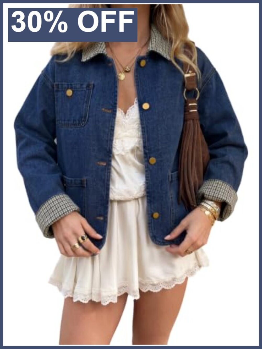 Womens Cropped Denim Jacket Button Down Plaid Trim Jean Coat
